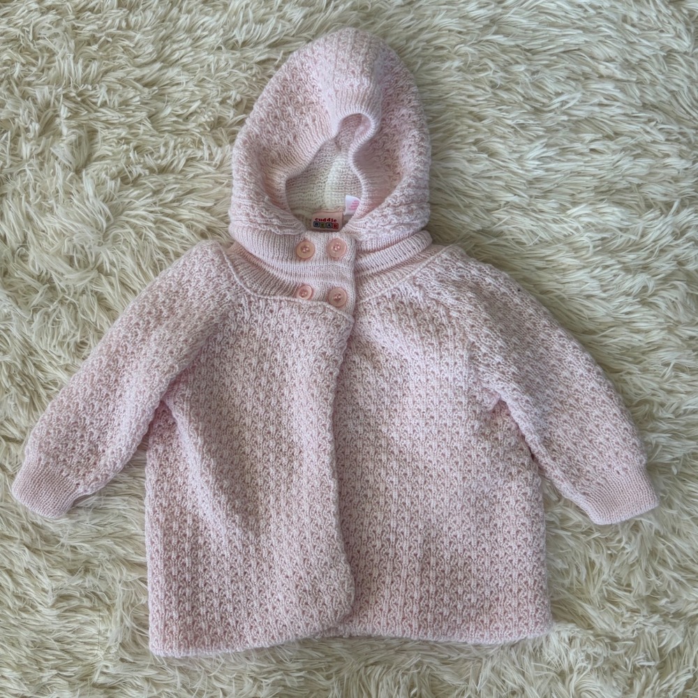 Cuddle Bear Baby Cardigan 3/6 Months Pink Knit Hooded‎ Button Up Sweater